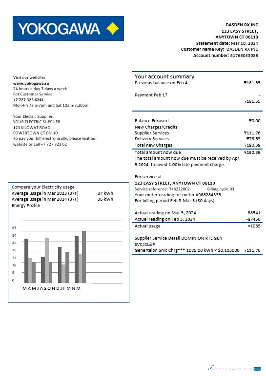 Kazakhstan Yokogawa Electric Kazakhstan business utility bill template in Word and PDF formats